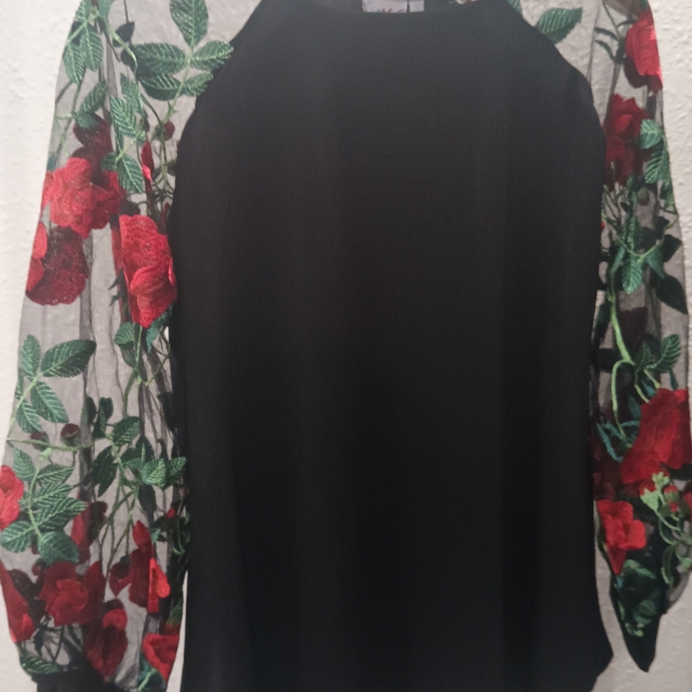 Black Top with Red Floral Sheer Sleeves